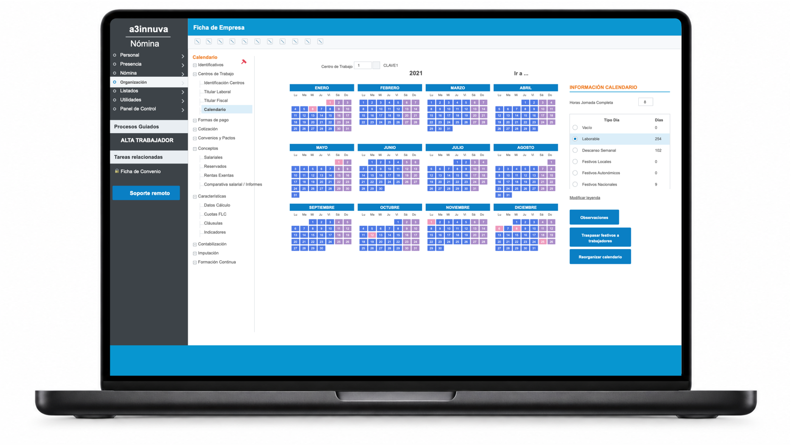Calendario del centro de trabajo en a3innuva Nómina